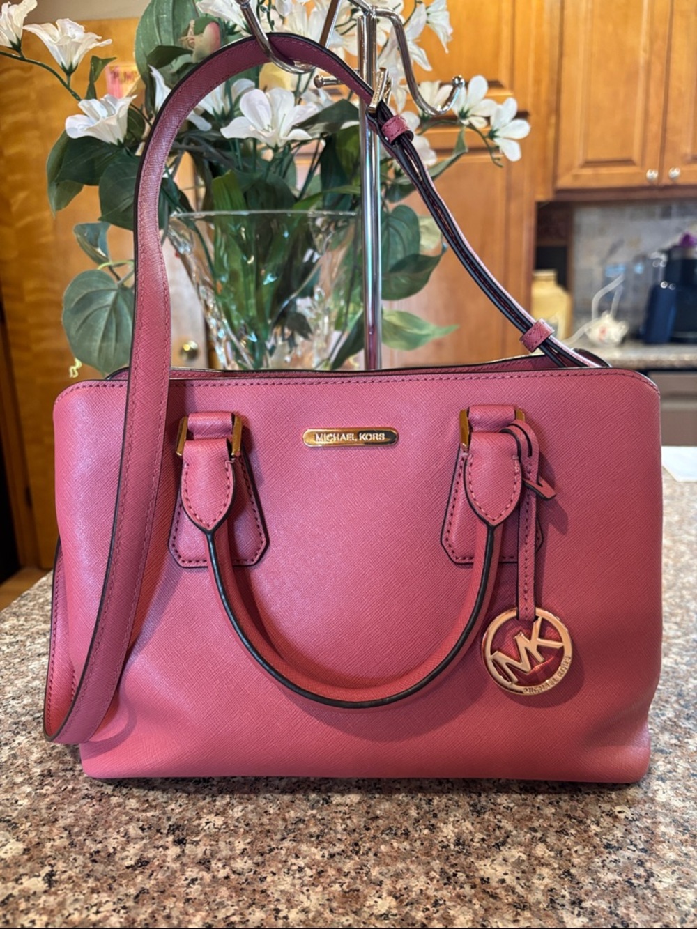 Michael Kors Raspberry Pink Saffiano Satchel with Gold Hardware